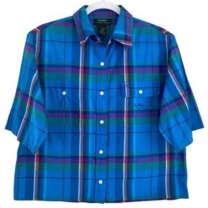 Ralph Lauren Blue & Pink Plaid 100% Cotton Button Down Cropped Blouse Size Large
